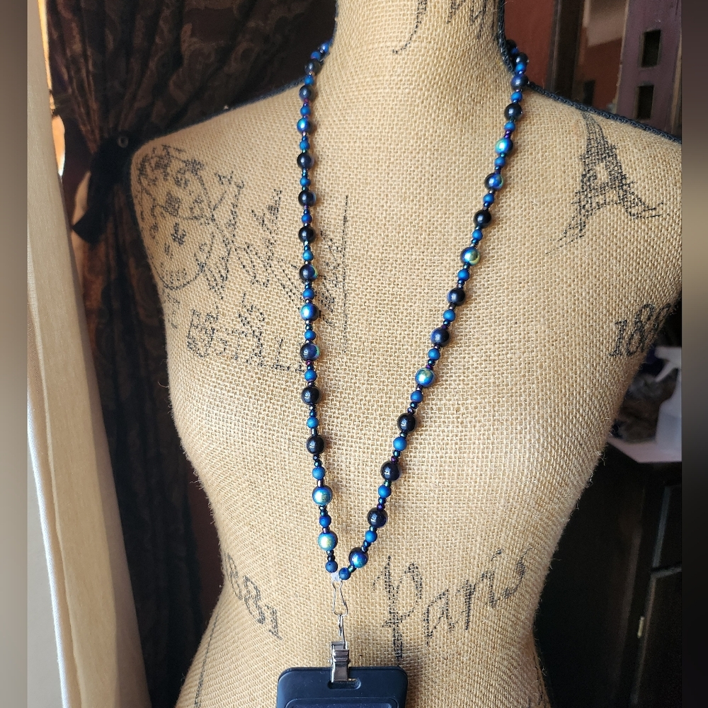 Blue and Black Beaded Lanyard Necklace